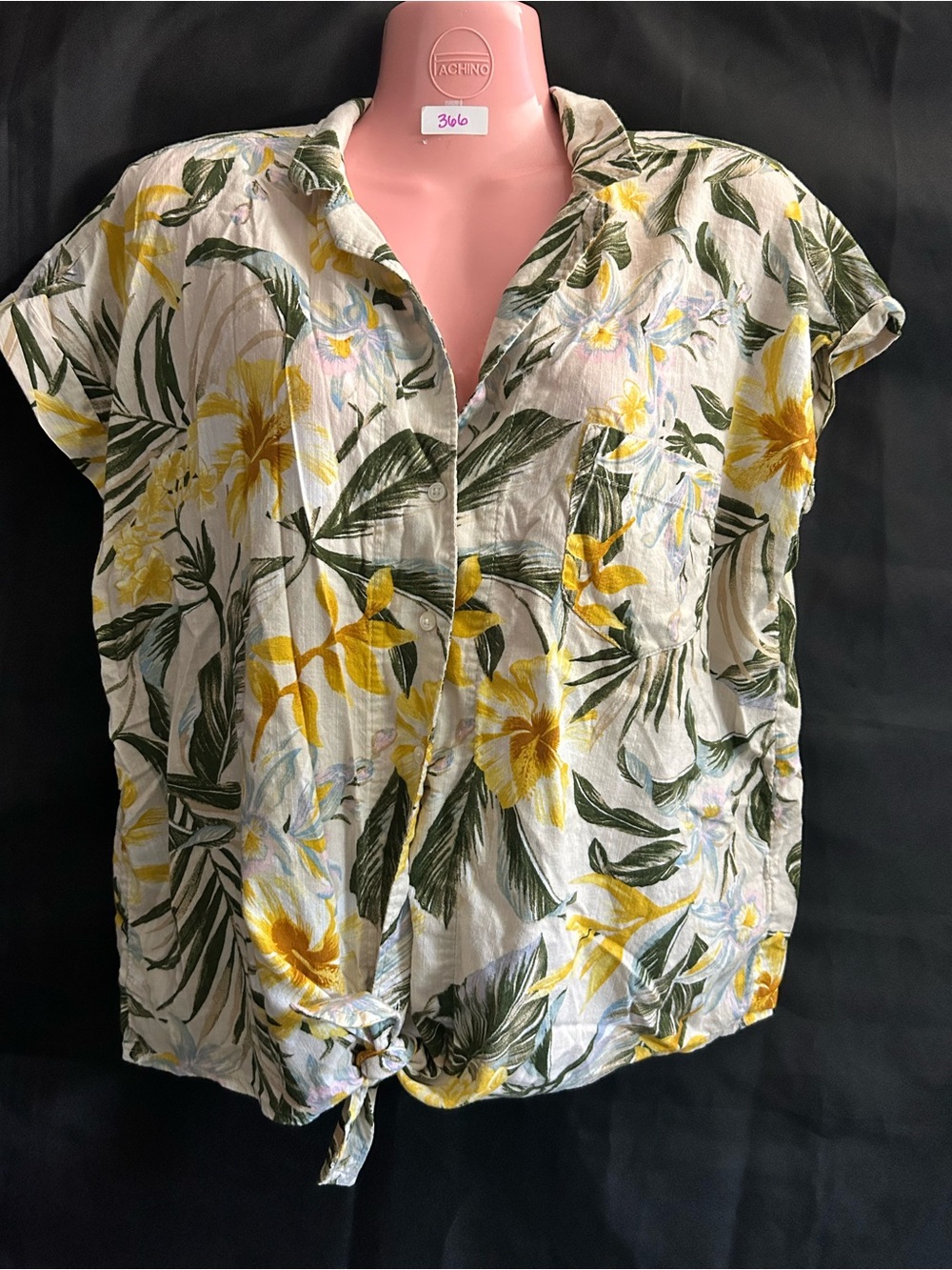 Old Navy Yellow & Green Floral Tie-Front Button Down Top LG